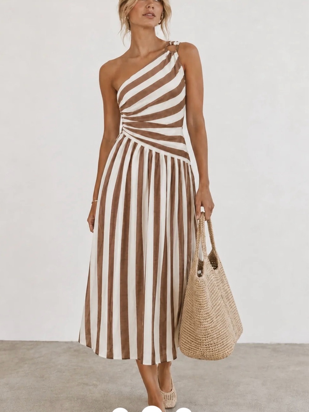 Commense One-Shoulder Striped Ring Detail Midi Dress in Brown and White - XL - Picture 7 of 9
